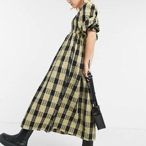 Asos shirred maxi dress in black and green plaid US 14